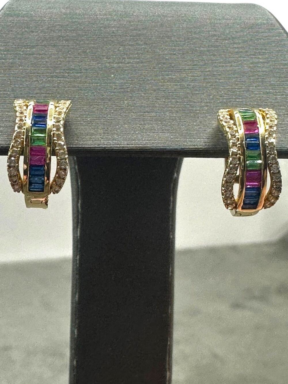 10K Yellow Gold Mini Hoops W/ Multicolored Stones (25300)